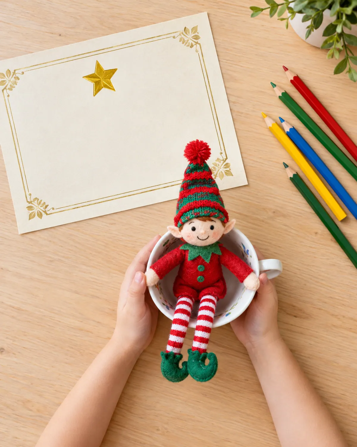 A child holding a felt elf doll above a teacup next to a certificate with a gold star sticker