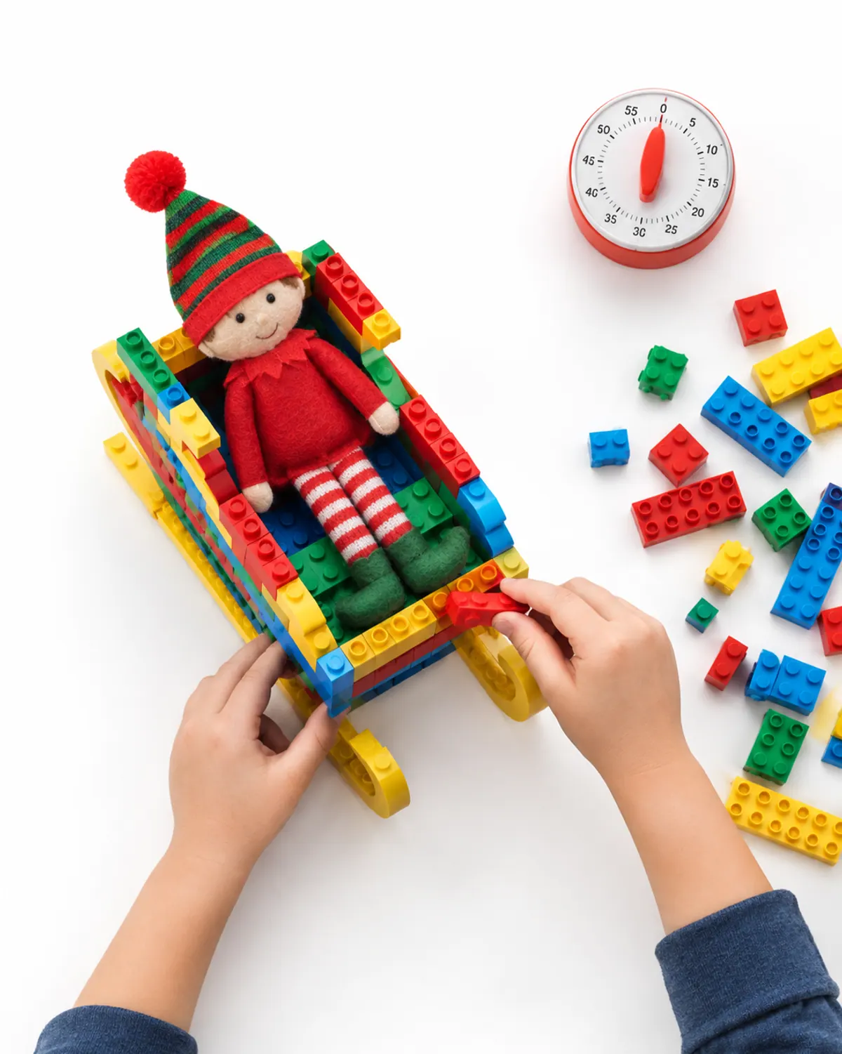 A child snapping building bricks onto a sleigh holding a felt elf doll, with a kitchen timer nearby
