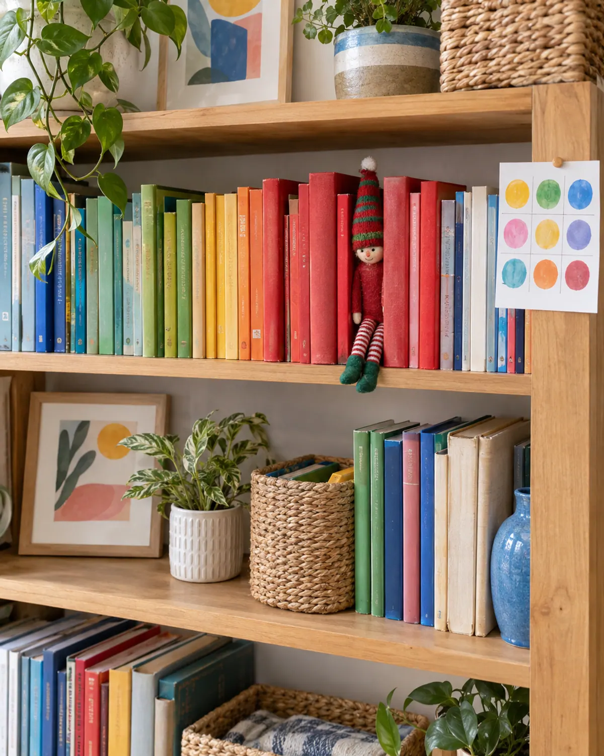 A felt elf doll tucked sideways between red book spines on a family bookshelf with a grid clue card pinned at the shelf edge