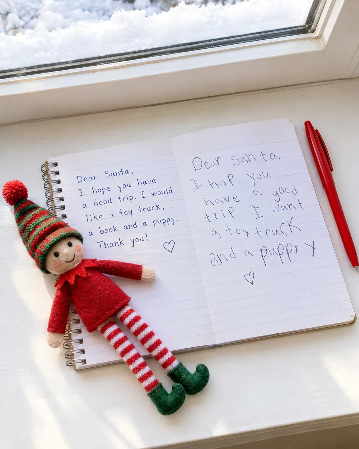 An open spiral notebook with two styles of handwriting on a snowy windowsill, a felt elf doll sitting on the page