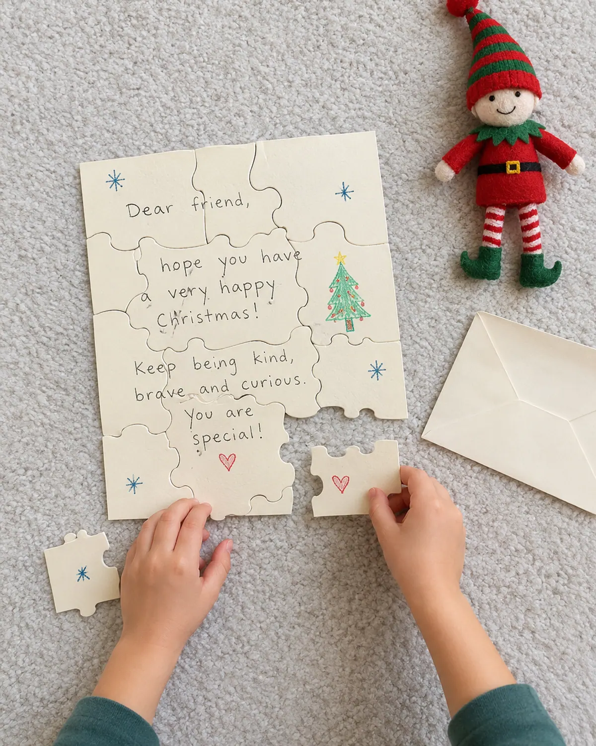 A handwritten elf letter cut into jigsaw pieces being put together by a child on a rug, an elf doll beside the envelope