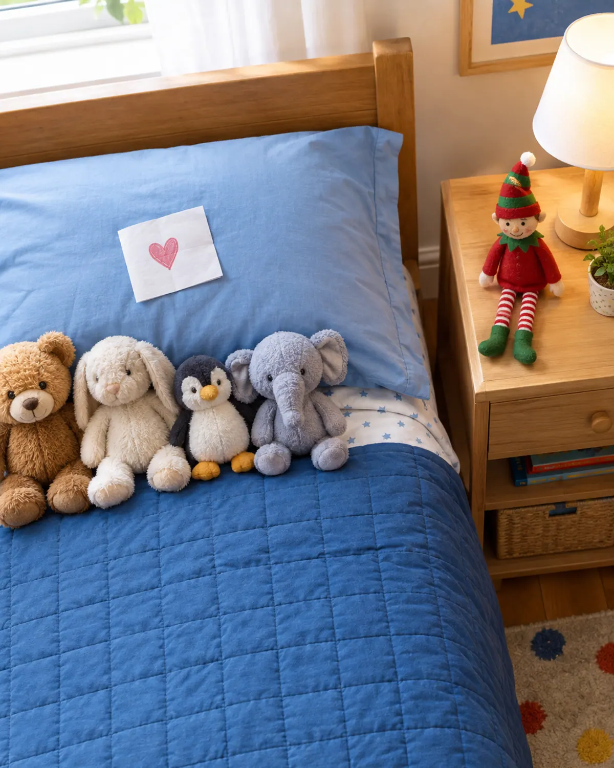 A neatly made child's bed with a folded heart note on the pillow and a felt elf doll on the bedside table