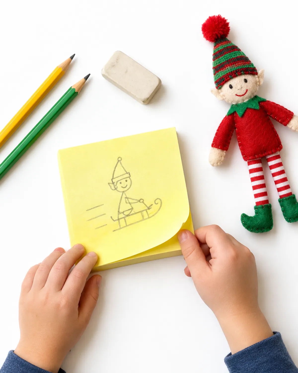 A child flipping a sticky note pad with pencil doodles of a stick figure elf on a sled, a felt elf doll beside it