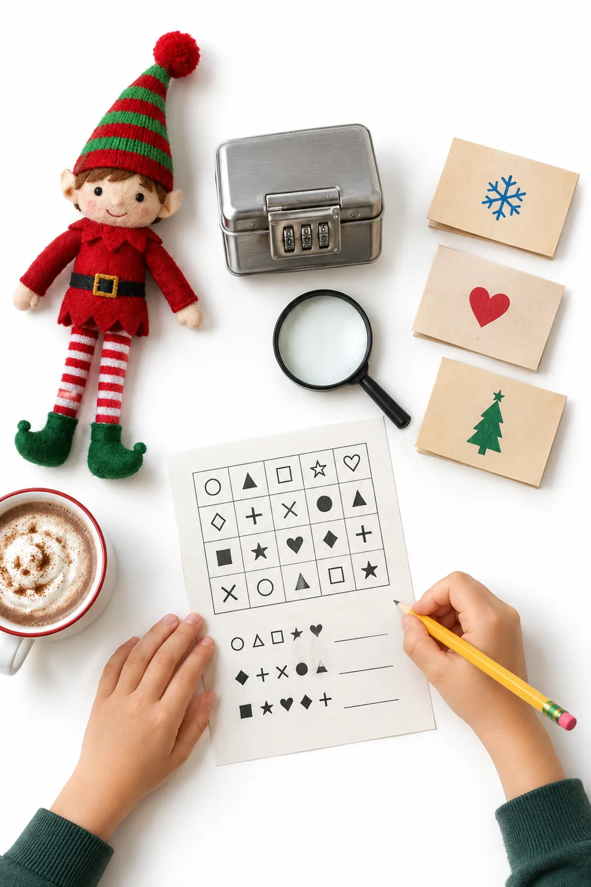 Elf on the shelf ideas for older kids: a child decodes a symbol cipher next to a felt elf doll, a combination lockbox and clue cards on a kitchen table