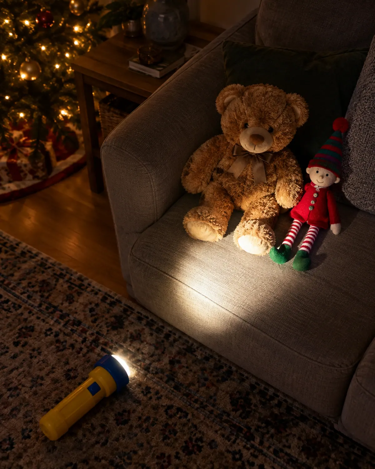 Dim living room with a toddler flashlight beam lighting up a teddy bear on the sofa while a felt elf doll peeks from a side table