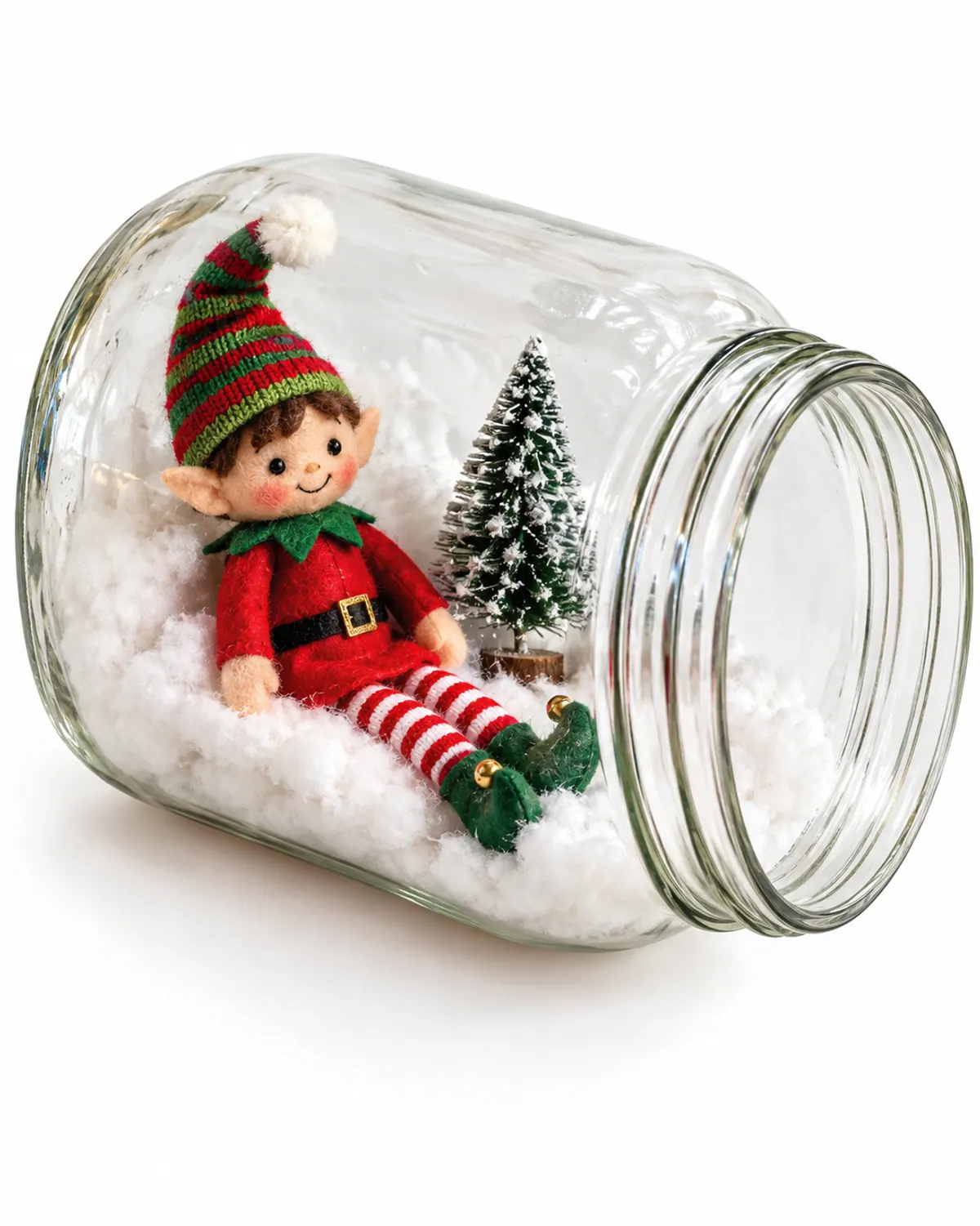 A felt elf doll sitting in cotton wool snow inside a large clear jar lying on its side, a gentle look-only elf idea for toddlers