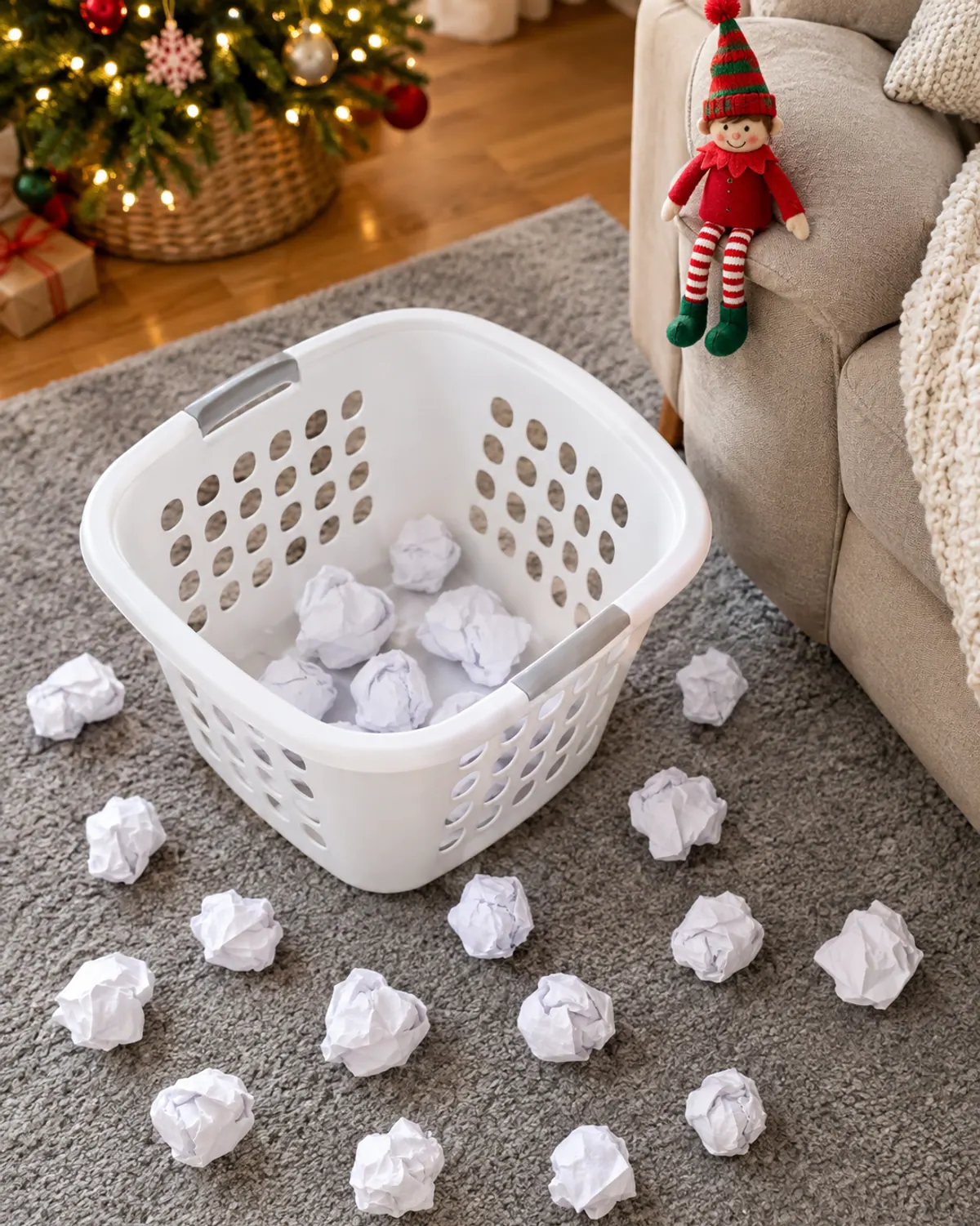 White crumpled paper snowballs around a laundry basket on a living room rug while a felt elf doll watches from the sofa arm