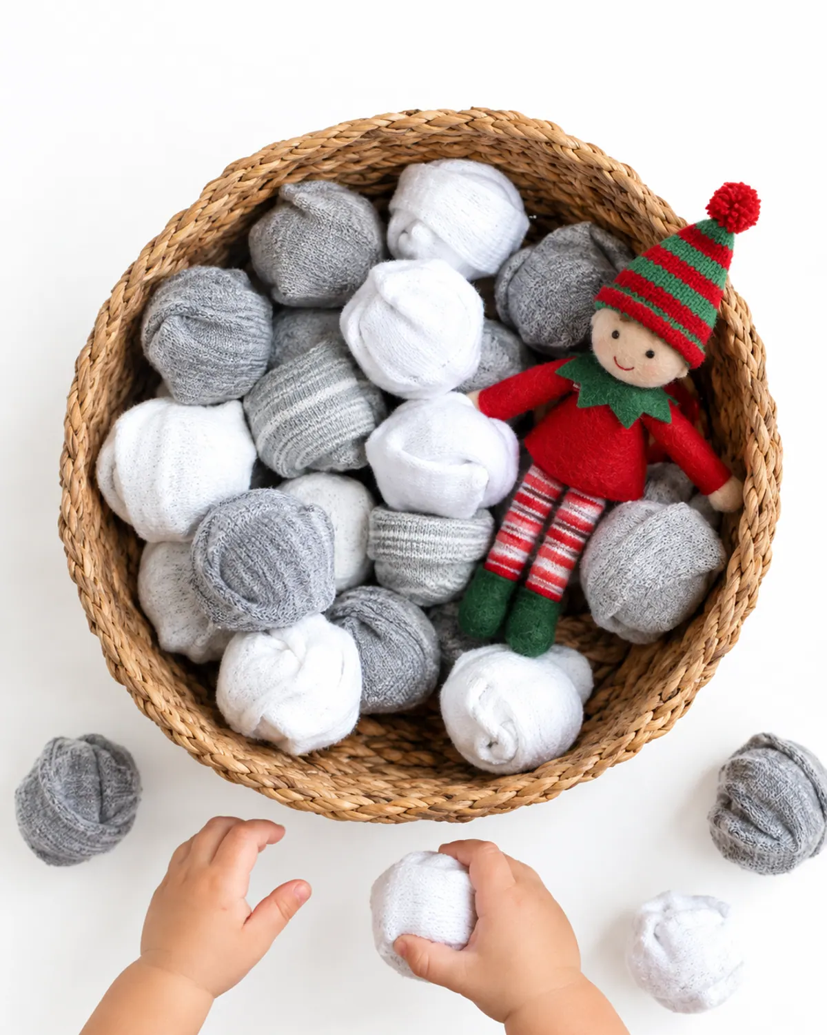 Toddler hand holding a rolled white sock snowball over a basket of sock snowballs with an elf doll at the rim