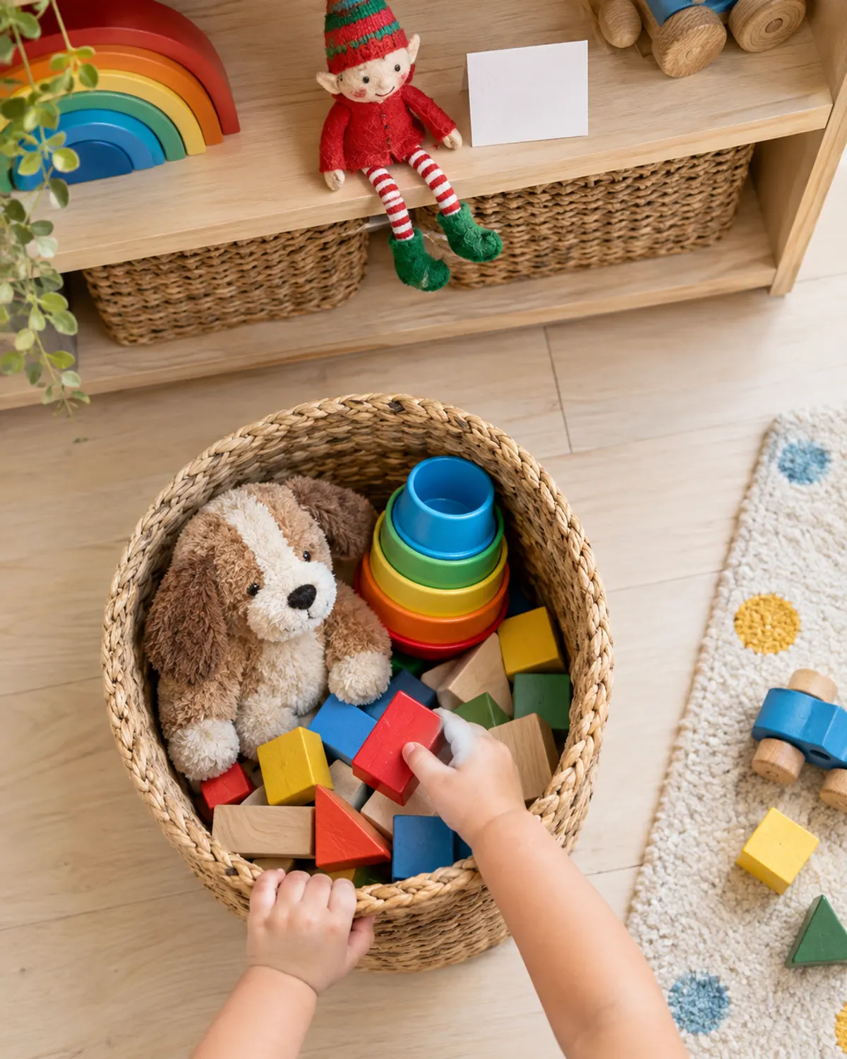 Toddler hand dropping a red block into a toy basket while a felt elf doll watches from a low shelf above