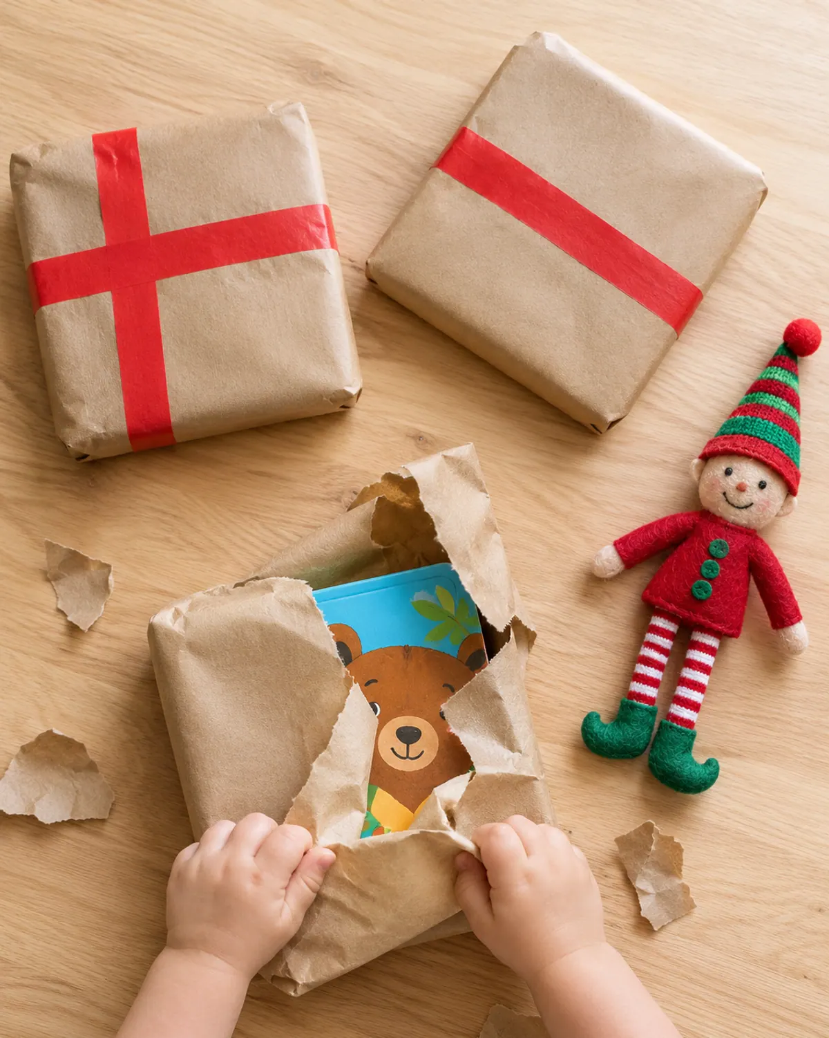 Toddler hands tearing brown paper off a wrapped board book on a coffee table next to a red felt elf doll