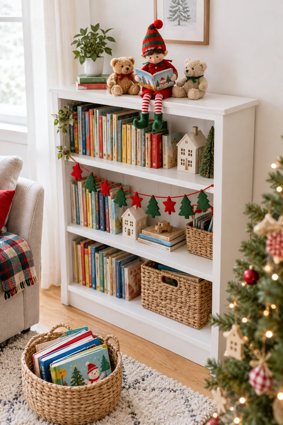 Elf on the shelf ideas for toddlers: a felt elf doll reads to two teddy bears on top of a bookcase above a basket of board books