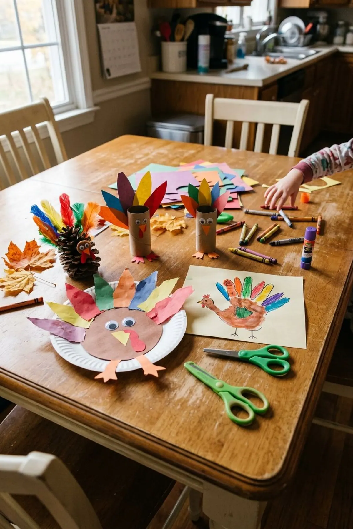 Thanksgiving crafts for kids on a kitchen table: a paper plate turkey, a handprint turkey painting, toilet paper roll turkeys and a pinecone turkey with crayons and fall leaves