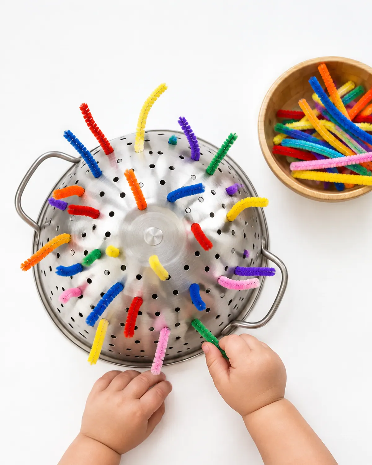 Toddler hand pushing a green pipe cleaner into the holes of an upside-down metal colander