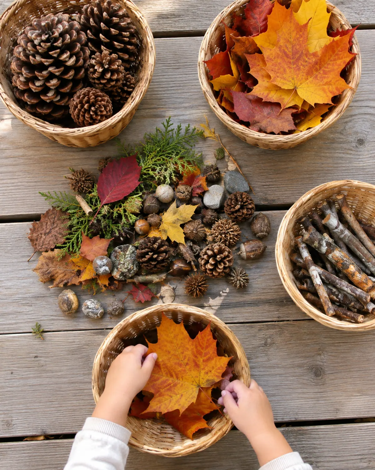 Small hands placing a maple leaf into one of three baskets of pinecones, leaves and sticks on a porch step