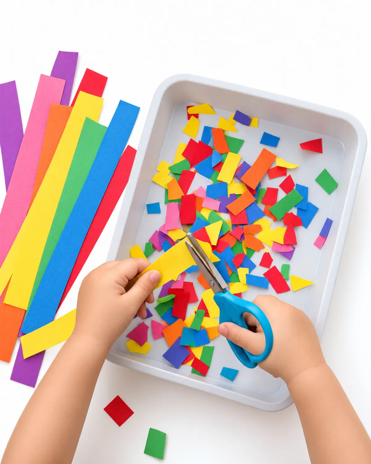 Small hands snipping a paper strip with blunt child safety scissors over a tray of paper confetti