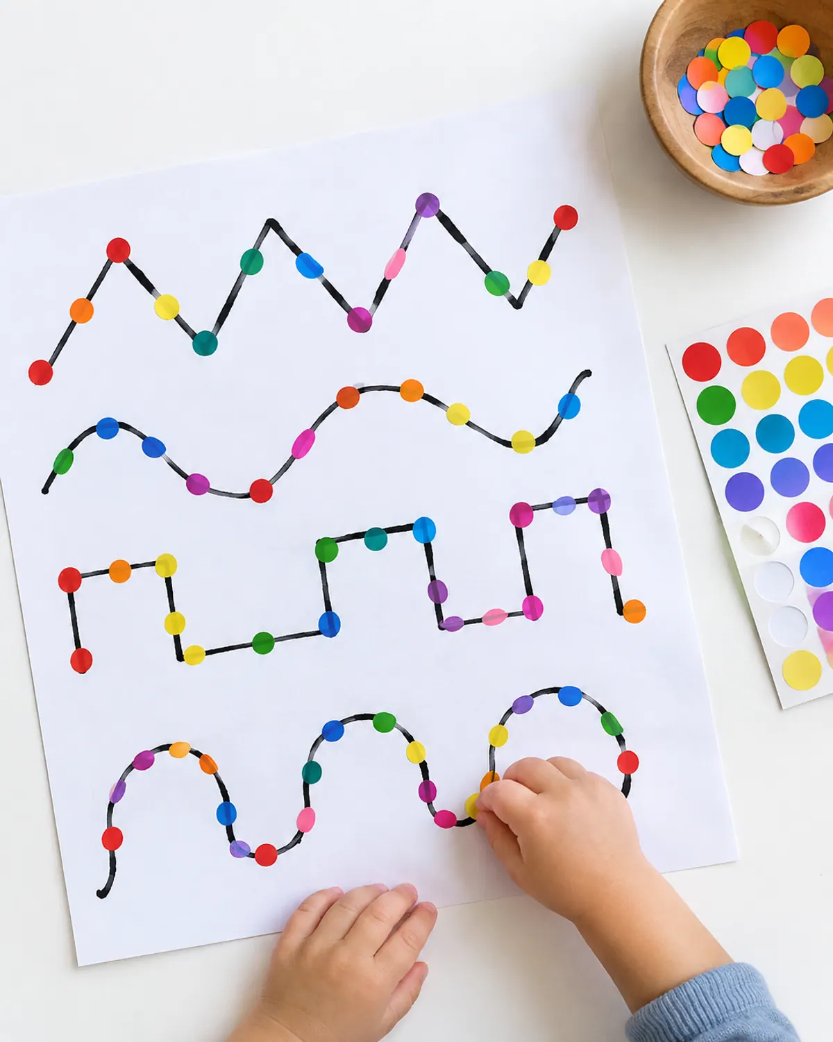 Toddler hand pressing a rainbow dot sticker along a marker zigzag line on white paper