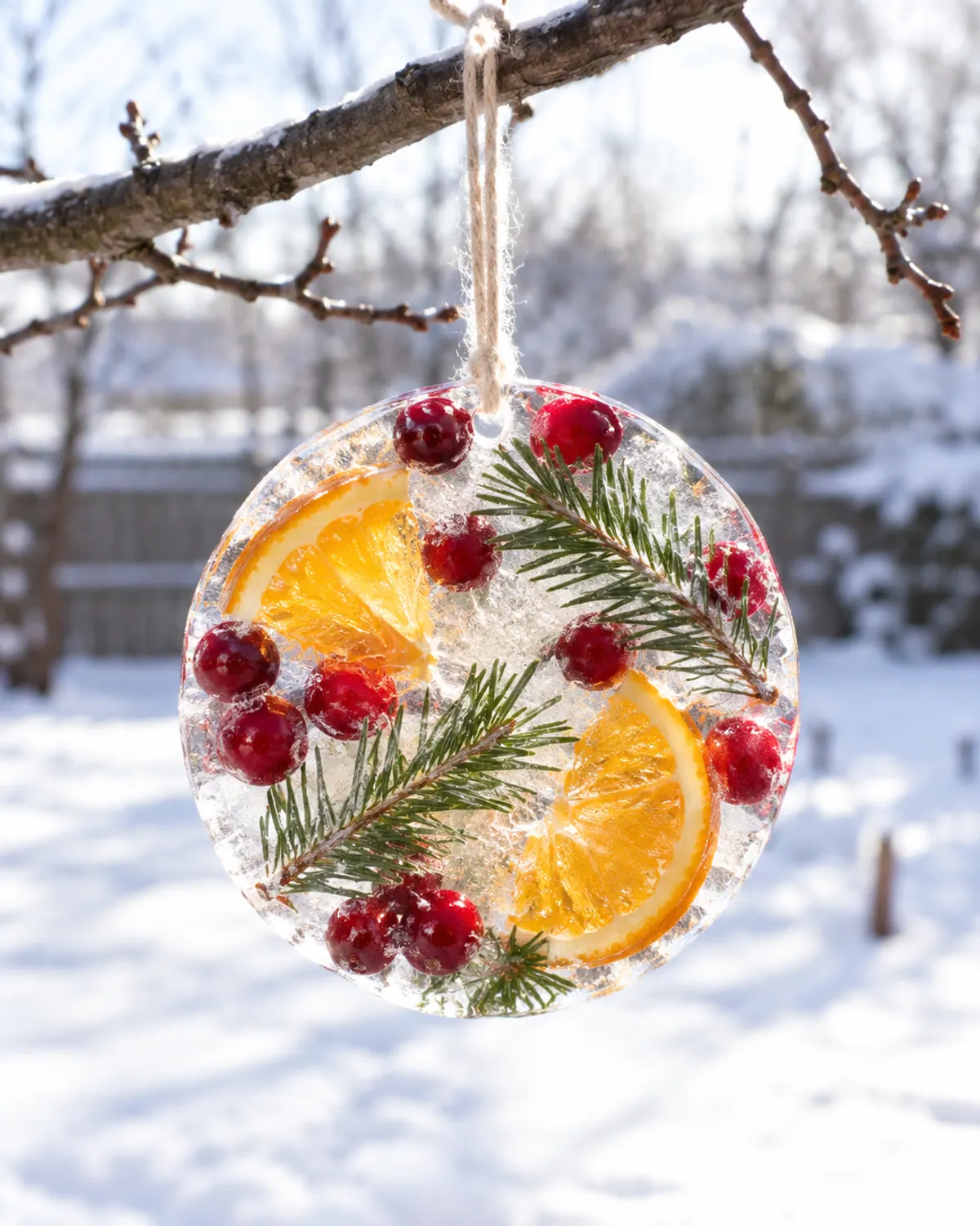 A round ice suncatcher with frozen cranberries, pine sprigs and orange slices hanging from a bare tree branch in a snowy yard