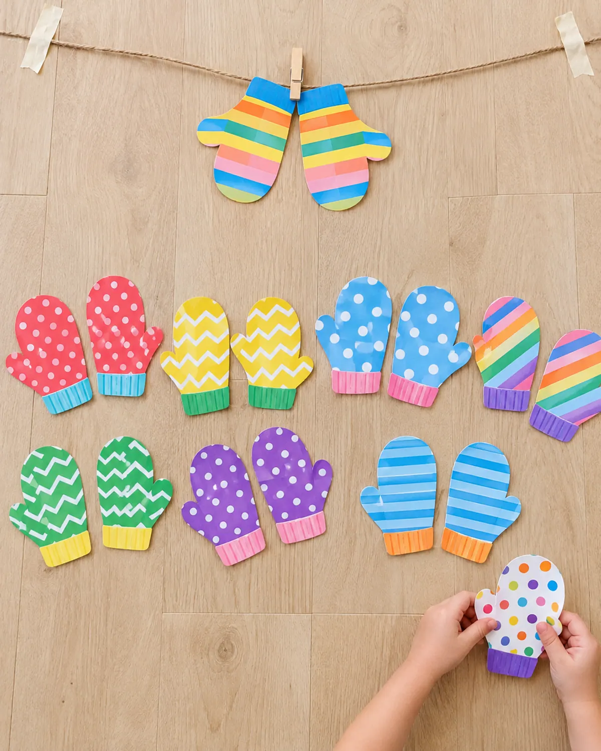 Pairs of patterned paper mittens on the floor with two matching striped mittens clipped to a low clothesline