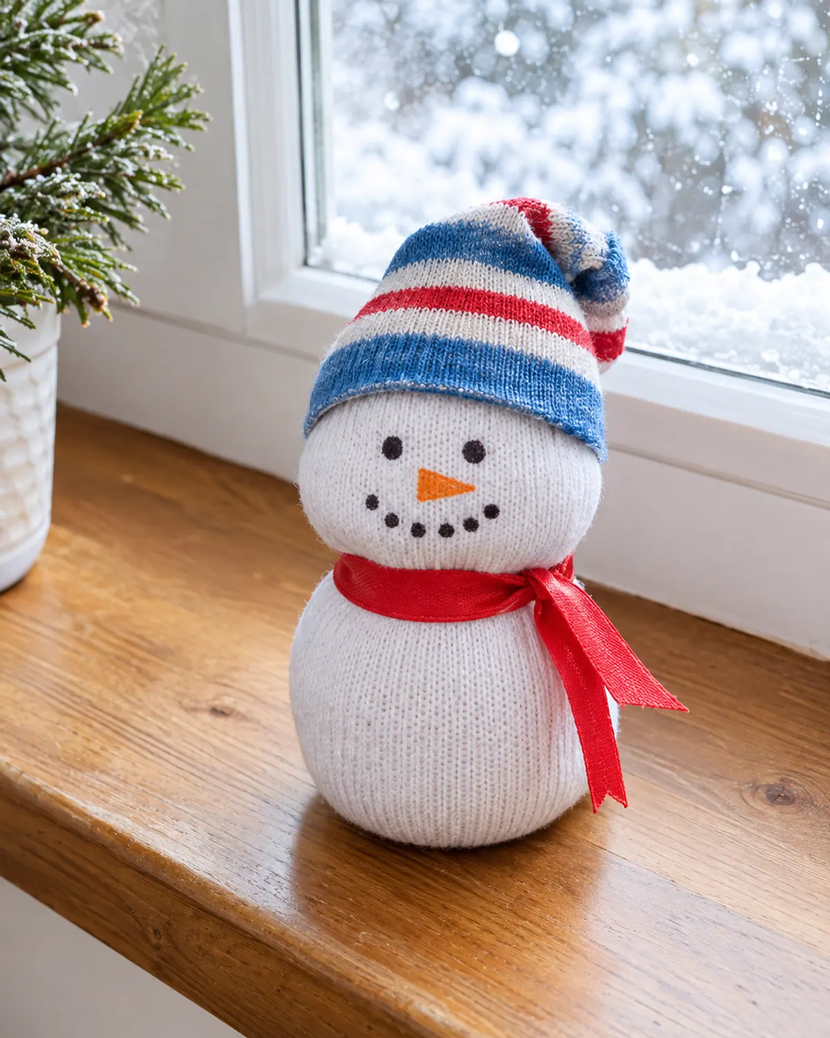A white rice-filled sock snowman with a striped sock hat and ribbon scarf sitting on a snowy windowsill