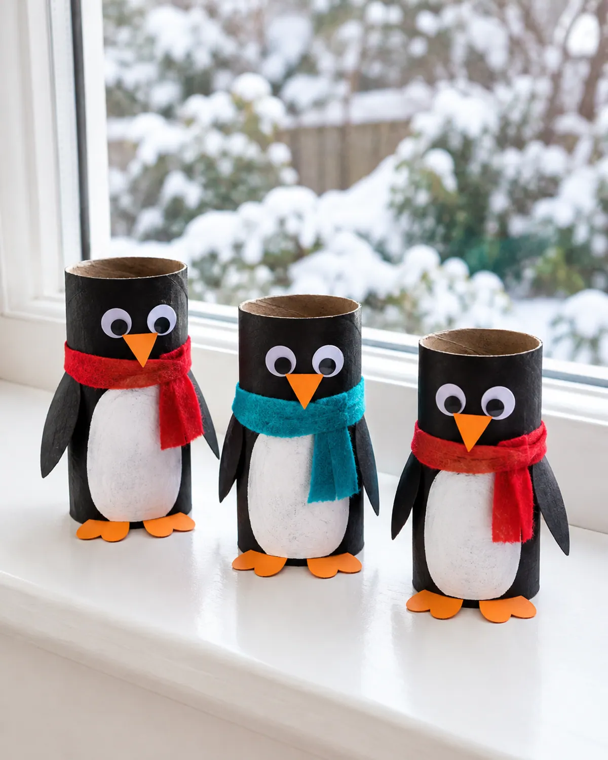 Three toilet paper roll penguins with white bellies, orange beaks and felt scarves on a windowsill
