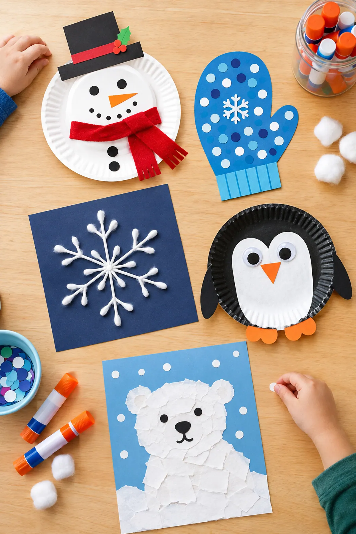 Winter crafts for kids on a wood table: a paper plate snowman, a decorated paper mitten, a cotton swab snowflake and a paper plate penguin