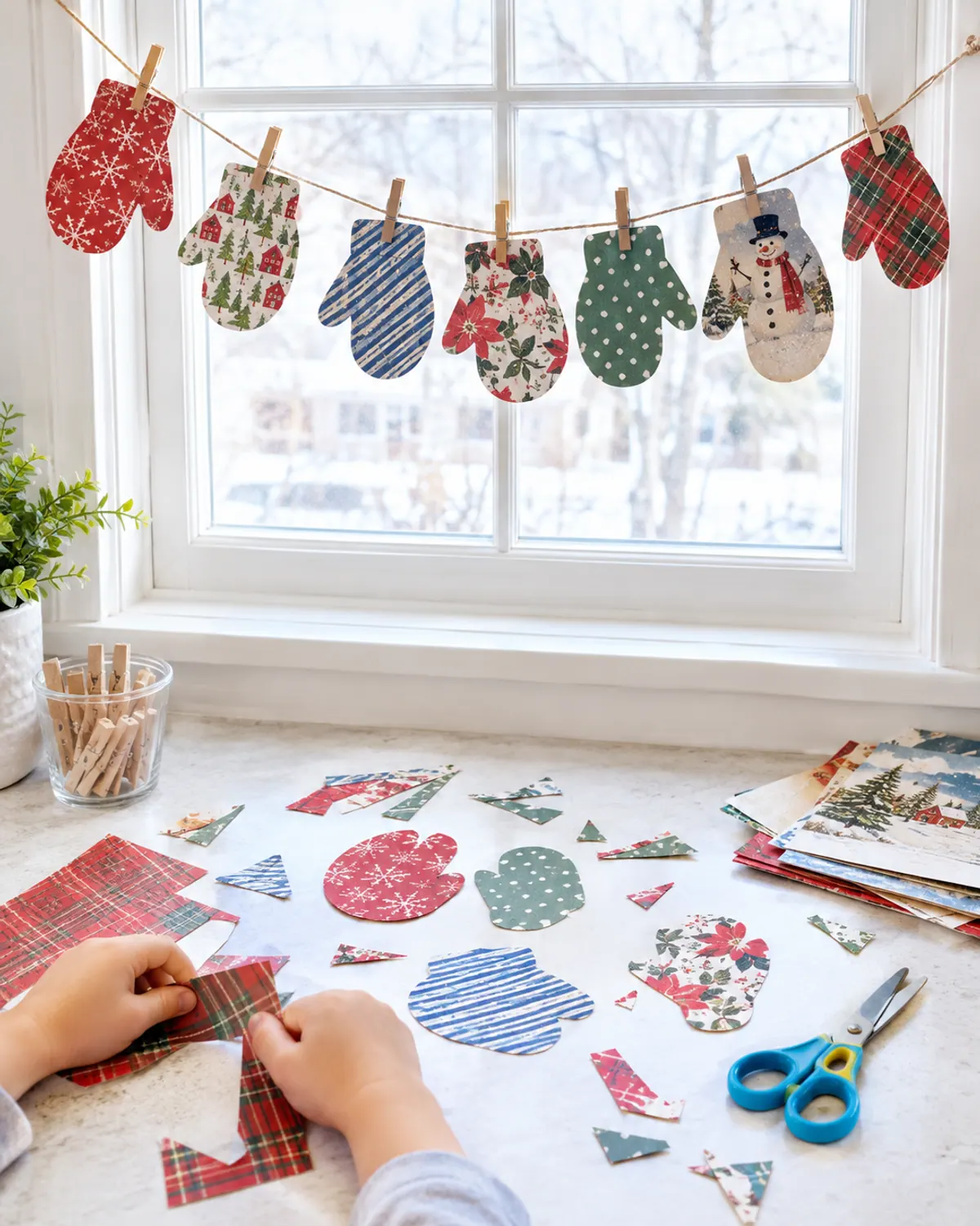 A garland of paper mittens cut from leftover wrapping paper clipped to twine across a kitchen window